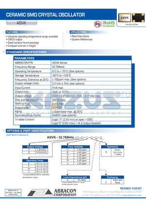 ASVK datasheet - CERAMIC SMD CRYSTAL OSCILLATOR