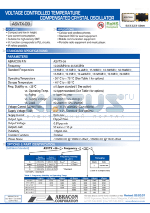 ASVTX-09 datasheet - VOLTAGE CONTROLLED TEMPERATURE COMPENSATED CRYSTAL OSCILLATOR