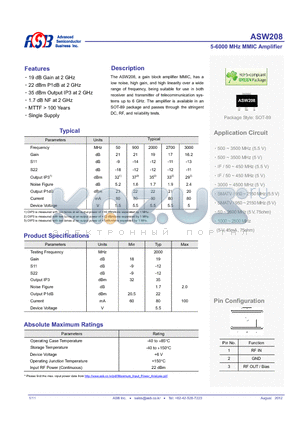 ASW208 datasheet - 5-6000 MHz MMIC Amplifier