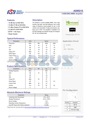 ASW215 datasheet - 5-4000 MHz MMIC Amplifier