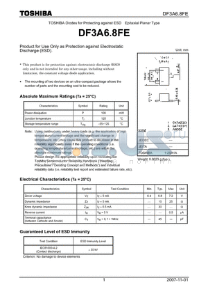DF3A6.8FE datasheet - Product for Use Only as Protection against Electrostatic Discharge (ESD).