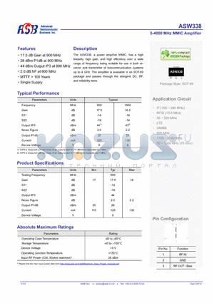 ASW338 datasheet - 5-4000 MHz MMIC Amplifier