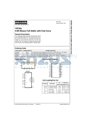 74F283SC datasheet - 4-Bit Binary Full Adder with Fast Carry