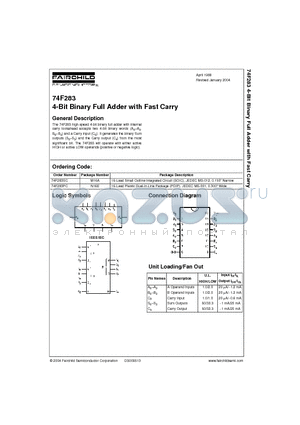 74F283SC datasheet - 4-Bit Binary Full Adder with Fast Carry