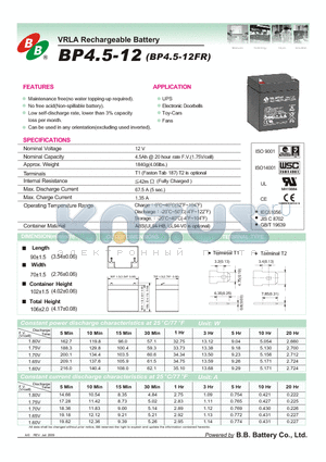 BP4.5-12FR datasheet - VRLA Rechargeable Battery