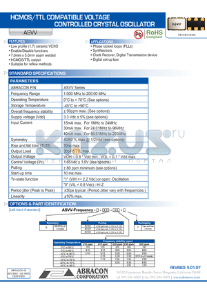 ASVV datasheet - HCMOS/TTL COMPATIBLE VOLTAGE CONTROLLED CRYSTAL OSCILLATOR