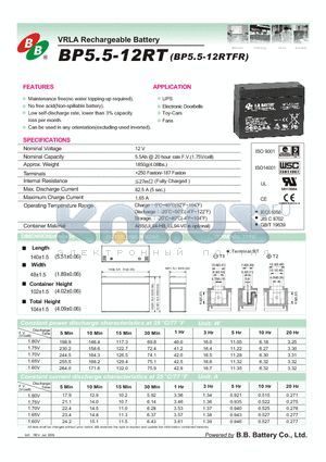 BP5.5-12RTFR datasheet - VRLA Rechargeable Battery