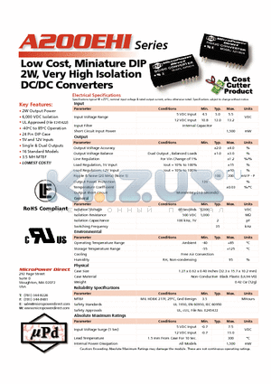 A200EHI datasheet - Low Cost, Miniature DIP 2W, Very High Isolation DC/DC Converters