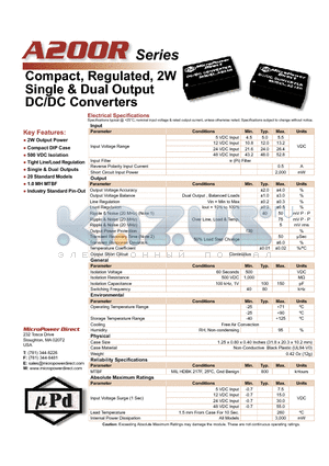A200R datasheet - Compact, Regulated, 2W Single & Dual Output DC/DC Converters