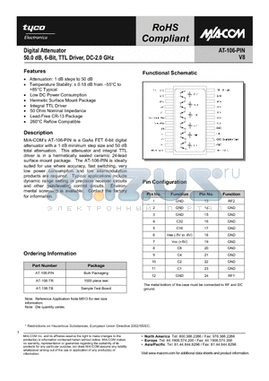 AT-106-PIN datasheet - Digital Attenuator, 50dB, 6-Bit, TTL Driver DC - 2.0 GHz
