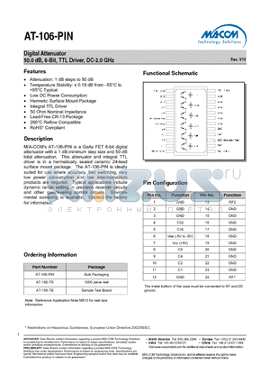 AT-106-TB datasheet - Digital Attenuator 50.0 dB, 6-Bit, TTL Driver, DC-2.0 GHz