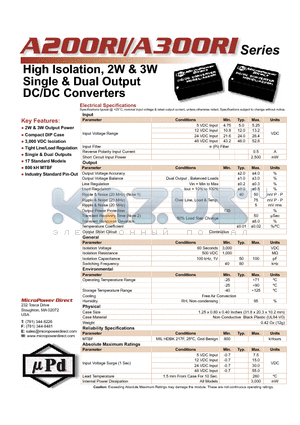 A200RI datasheet - High Isolation, 2W & 3W Single & Dual Output DC/DC Converters