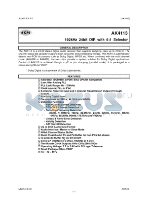 AKD4113 datasheet - 192KHZ 24BIT DIR WITH 6:1 SELECTOR