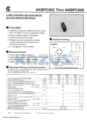 AKBPC604 datasheet - 6 AMP CONTROLLED AVALANCHE SILICON BRIDGE RECTIFIER