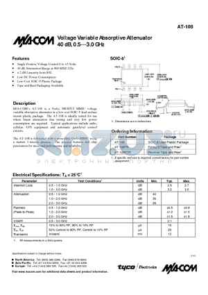 AT-108 datasheet - Voltage Variable Absorptive Attenuator 40 dB, 0.5-3.0 GHz