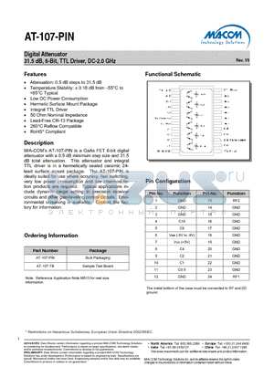 AT-107-PIN datasheet - Digital Attenuator 31.5 dB, 6-Bit, TTL Driver, DC-2.0 GHz