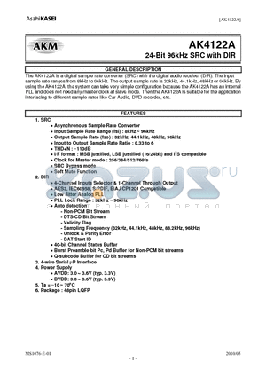 AKD4122A datasheet - 24-Bit 96kHz SRC with DIR