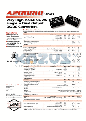 A202RHI datasheet - Very High Isolation, 2W Single & Dual Output DC/DC Con vert ers