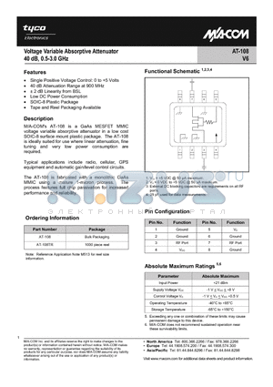 AT-108_1 datasheet - Voltage Variable Absorptive Attenuator, 40dB 0.5 - 3.0 GHz