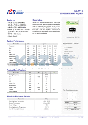 ASX415 datasheet - 250-4000 MHz MMIC Amplifier