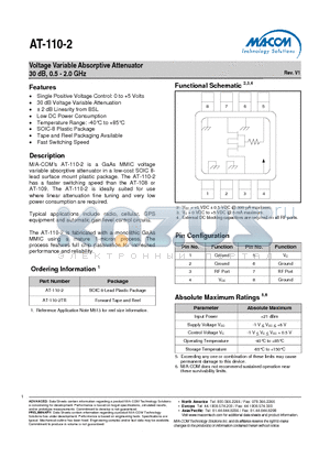 AT-110-2TR datasheet - Voltage Variable Absorptive Attenuator 30 dB, 0.5 - 2.0 GHz