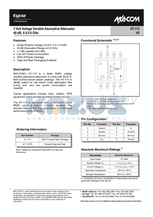 AT-113 datasheet - Voltage Variable Absorptive Attenuator, 40dB 0.5 - 2.0 GHz