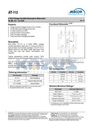 AT-113TR datasheet - 3 Volt Voltage Variable Absorptive Attenuator 40 dB, 0.5 - 2.0 GHz