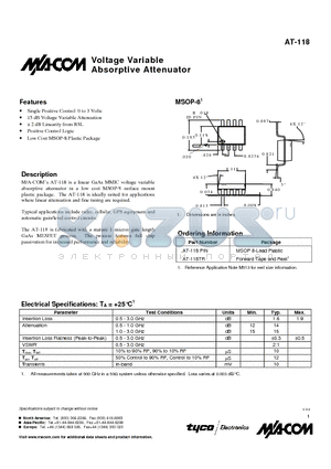 AT-118 datasheet - Voltage Variable Absorptive Attenuator