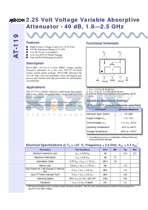 AT-119SMB datasheet - 2.25 Volt Voltage Variable Absorptive Attenuator - 40 dB, 1.8.2.5 GHz