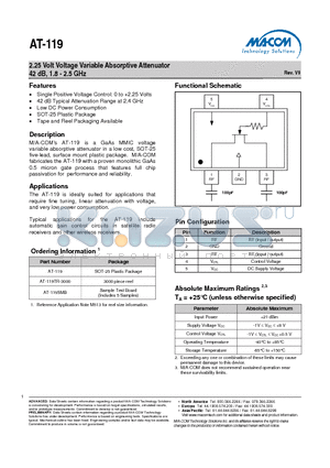 AT-119TR-3000 datasheet - 2.25 Volt Voltage Variable Absorptive Attenuator 42 dB, 1.8 - 2.5 GHz