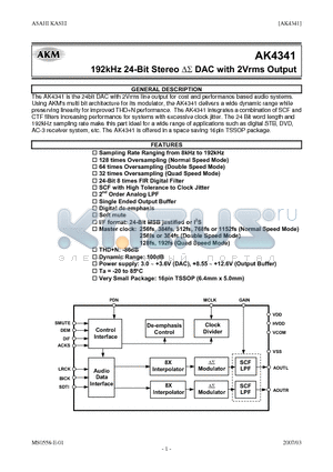 AKD4341 datasheet - 192kHz 24-Bit Stereo DS DAC with 2Vrms Output