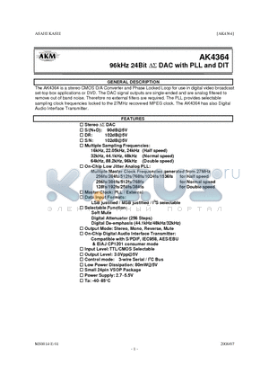 AKD4364 datasheet - 96kHz 24BIT DAC WITH PLL AND DIT