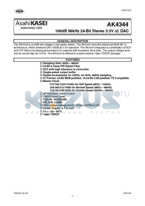 AKD4344 datasheet - 100dB 96kHz 24-Bit Stereo 3.3V DS DAC