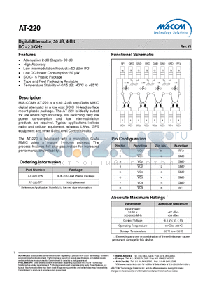 AT-220 datasheet - Digital Attenuator, 30 dB, 4-Bit DC - 2.0 GHz