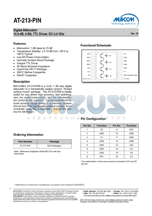 AT-213-PIN datasheet - Digital Attenuator 15.0 dB, 4-Bit, TTL Driver, DC-3.0 GHz