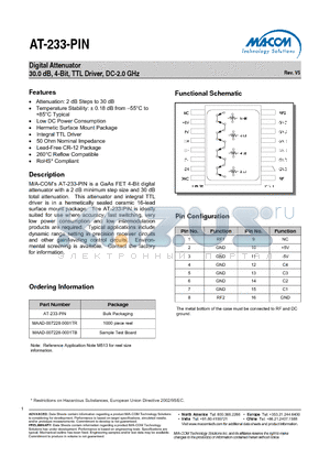 AT-233-PIN datasheet - Digital Attenuator 30.0 dB, 4-Bit, TTL Driver, DC-2.0 GHz