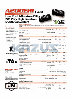 A208EHI datasheet - Low Cost, Miniature DIP 2W, Very High Isolation DC/DC Converters