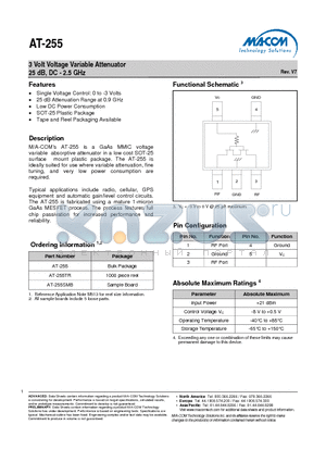 AT-255TR datasheet - 3 Volt Voltage Variable Attenuator 25 dB, DC - 2.5 GHz