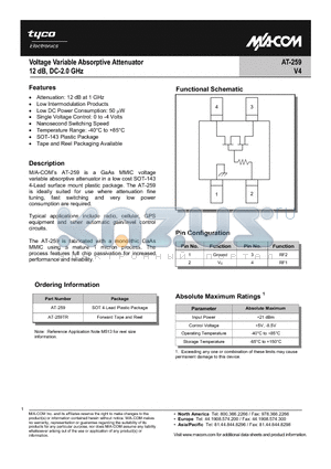 AT-259TR datasheet - Voltage Variable Absorptive Attenuator 12 dB, DC-2.0 GHz