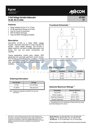 AT-255 datasheet - 3 Volt Voltage Variable Attenuator 25 dB, DC-2.5 GHz