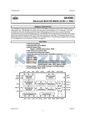AKD4393 datasheet - Advanced Multi-Bit 96kHz 24-Bit DS DAC