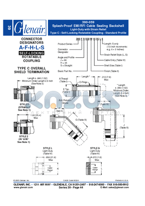 390AS059M08 datasheet - Splash-Proof EMI/RFI Cable Sealing Backshell Light-Duty with Strain Relief