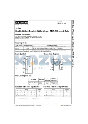 74F51 datasheet - Dual 2-Wide 2-Input; 2-Wide 3-Input AND-OR-Invert Gate