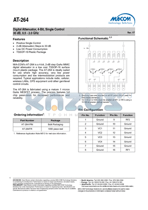 AT-264-PIN datasheet - Digital Attenuator, 4-Bit, Single Control 30 dB, 0.5 - 2.0 GHz