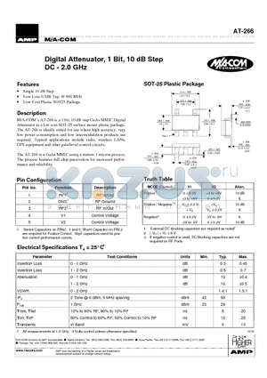 AT-266TR datasheet - Digital Attenuator, 1 Bit, 10 dB Step DC - 2.0 GHz