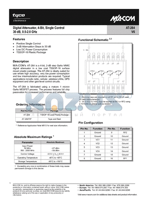 AT-264_1 datasheet - Digital Attenuator, 4-Bit, Single Control 30dB, 0.5-2.0 GHz