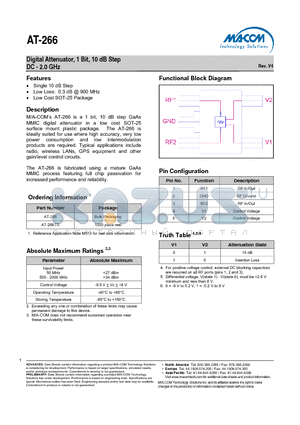AT-266TR datasheet - Digital Attenuator, 1 Bit, 10 dB Step DC - 2.0 GHz