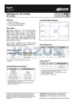 AT-266 datasheet - Digital Attenuator, 1-Bit, 10dB Step, DC-2.0 GHz