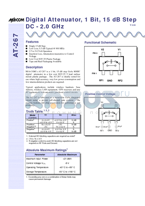AT-267 datasheet - Digital Attenuator, 1 Bit, 15 dB Step DC - 2.0 GHz