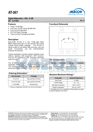 AT-267 datasheet - Digital Attenuator, 1-Bit, 15 dB DC - 2.0 GHz